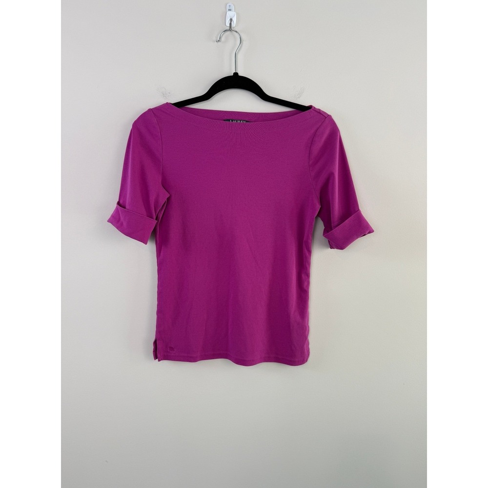 Lauren Ralph Lauren Top Womens Medium Pink Boat Neck Cuffed Sleeve Stretch